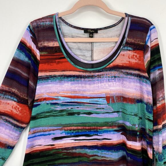 Cupio Mesh Trim Tunic Top size XL Scoop neck Colorful Artsy Stripes Pullove - Picture 4 of 12